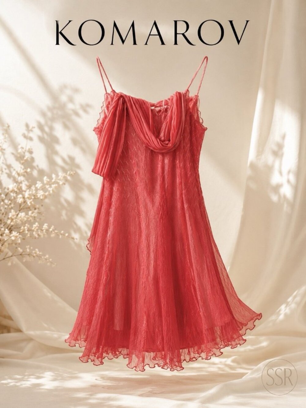 Komarov Coral Pink Crinkle Pleated Cowl Neck Dress Size S Made in USA